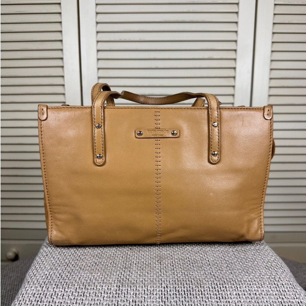 Kate Spade Y2K Tan Leather Tote Bag Stitch Detail Polka Dot Lining Purse Handbag